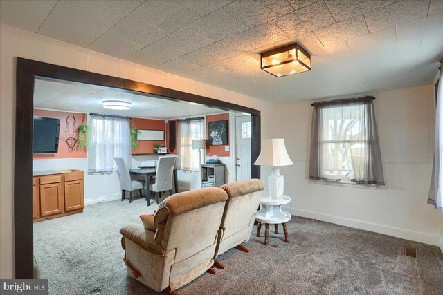 living area featuring a healthy amount of sunlight, baseboards, and carpet floors