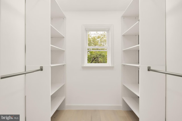 walk in closet with wood finished floors