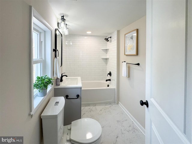 bathroom featuring vanity, baseboards, shower / tub combination, toilet, and marble finish floor