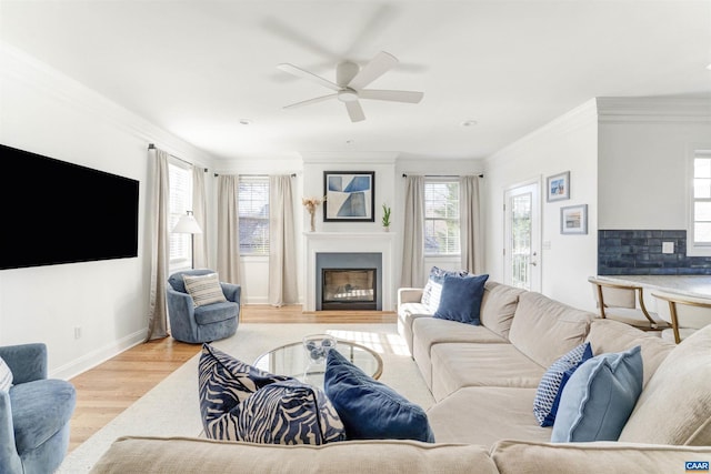 living area featuring light wood finished floors, a fireplace, crown molding, and a wealth of natural light