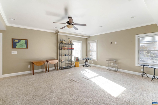 misc room featuring baseboards, recessed lighting, ceiling fan, ornamental molding, and carpet flooring