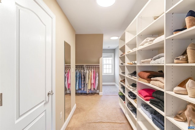 walk in closet with light colored carpet