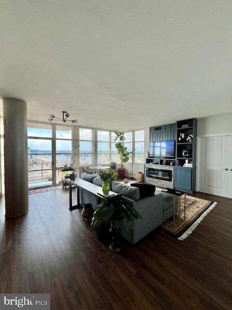 living room with dark wood-style floors, floor to ceiling windows, and a healthy amount of sunlight