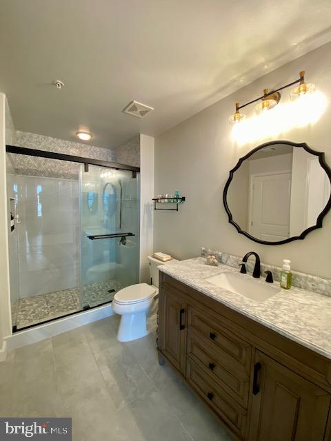 bathroom with vanity, a shower stall, toilet, and visible vents