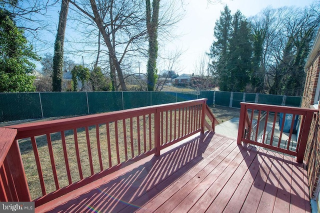 wooden deck featuring a fenced backyard