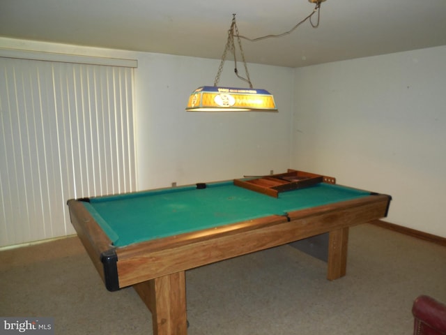 rec room with pool table, baseboards, and carpet