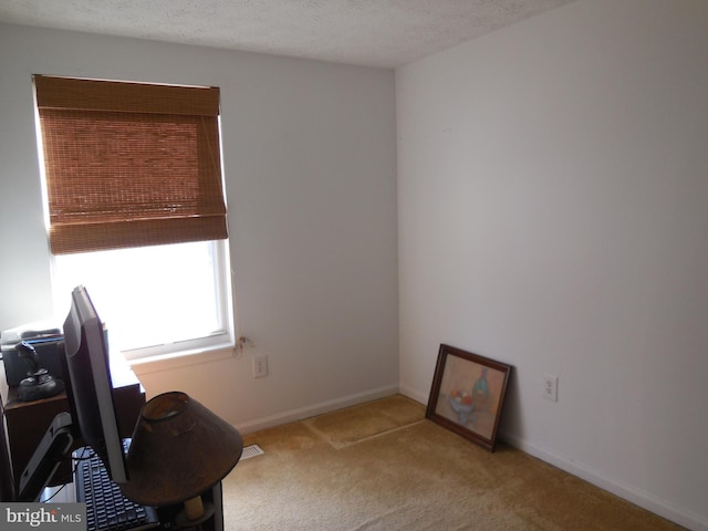 carpeted office space featuring baseboards and a textured ceiling