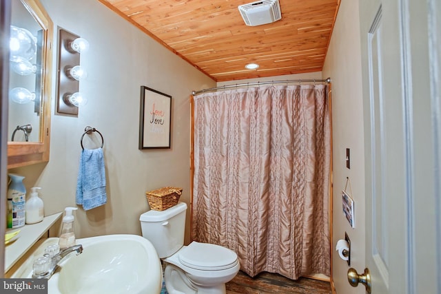 bathroom featuring wood finished floors, visible vents, a sink, wooden ceiling, and toilet