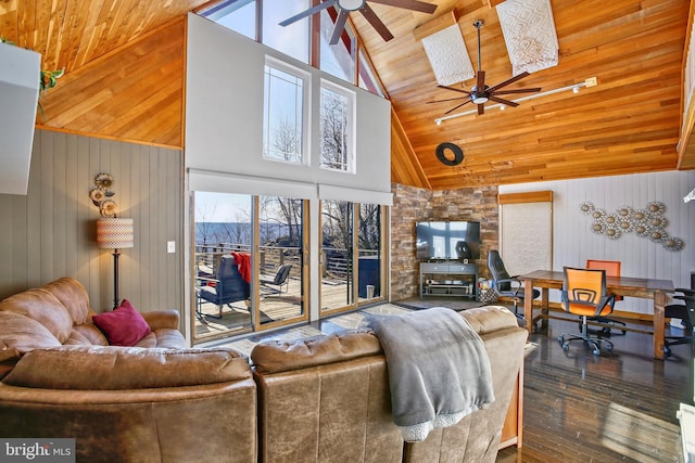 living room featuring wooden ceiling, high vaulted ceiling, a ceiling fan, and wood finished floors