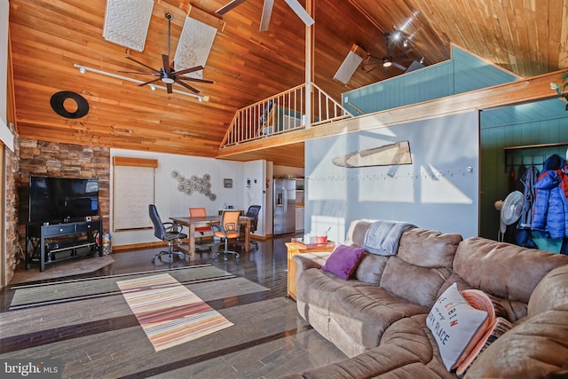 living area featuring high vaulted ceiling, wood ceiling, wood finished floors, and a ceiling fan