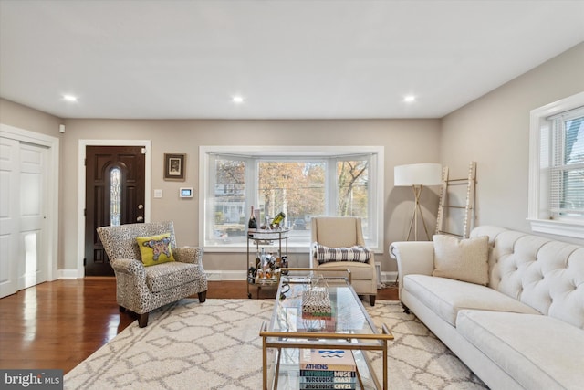 living area featuring recessed lighting, baseboards, and wood finished floors