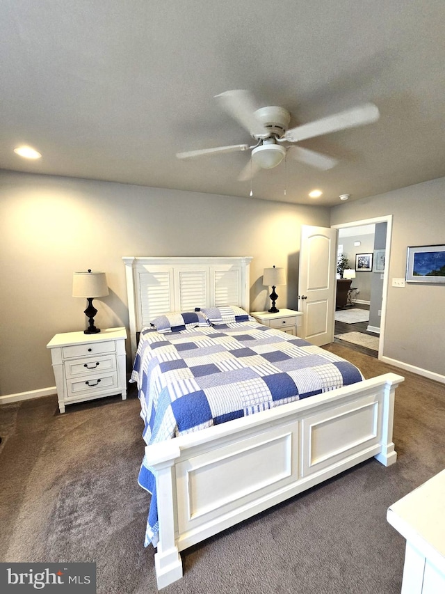 bedroom featuring recessed lighting, dark carpet, a ceiling fan, and baseboards