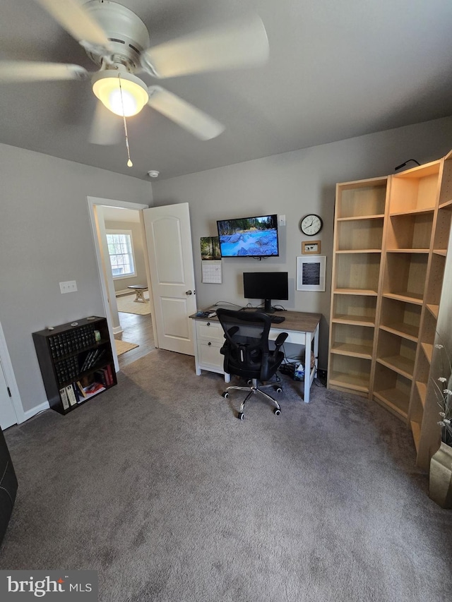 office space featuring a ceiling fan and carpet