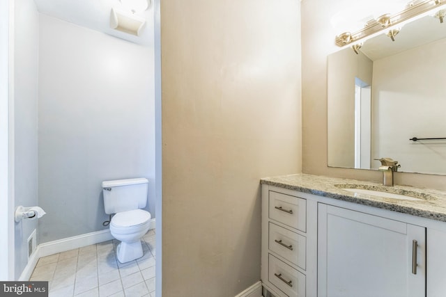 half bath featuring tile patterned floors, visible vents, toilet, baseboards, and vanity