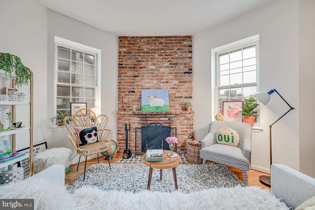 living area with a fireplace and wood finished floors