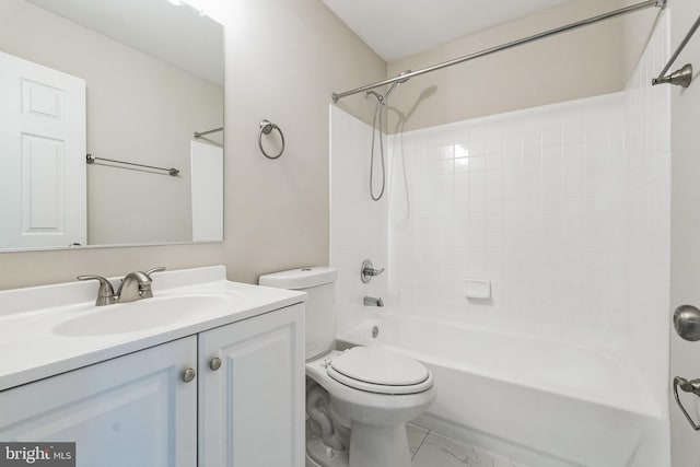 full bath featuring marble finish floor, tub / shower combination, toilet, and vanity