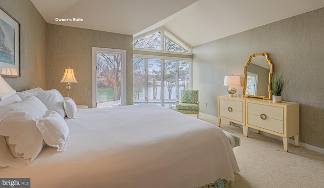 bedroom featuring wallpapered walls, baseboards, lofted ceiling, carpet flooring, and access to outside