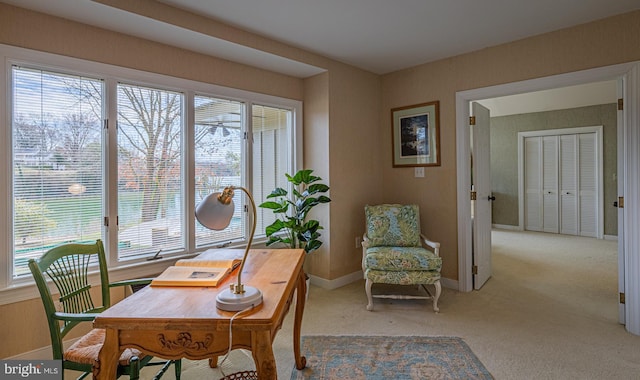 office space with light carpet and baseboards