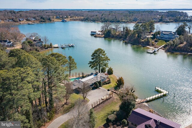 aerial view featuring a water view