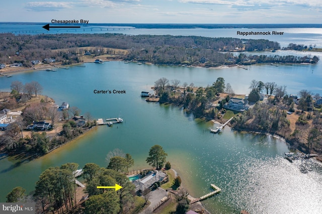 bird's eye view with a water view