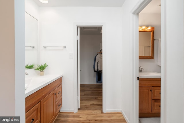 bathroom featuring a sink, two vanities, and wood finished floors