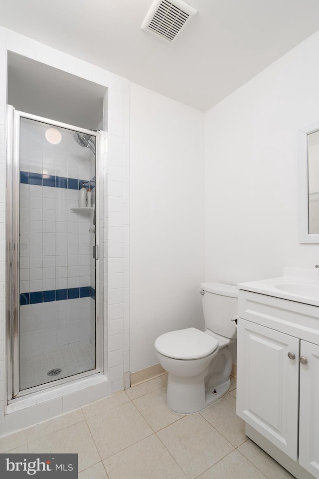 full bath featuring tile patterned flooring, visible vents, toilet, a stall shower, and vanity