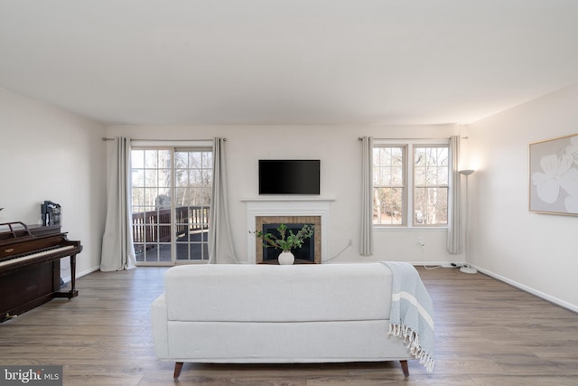 bedroom with a fireplace, access to outside, wood finished floors, and baseboards