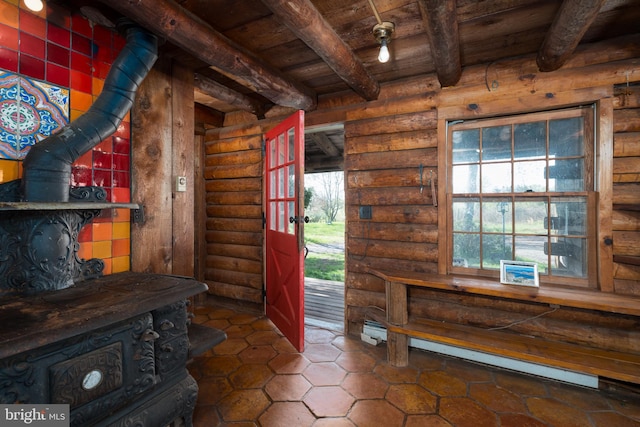 64 Harlingen Rd, Belle Mead, NJ 08502 - entryway with rustic walls and a wood stove