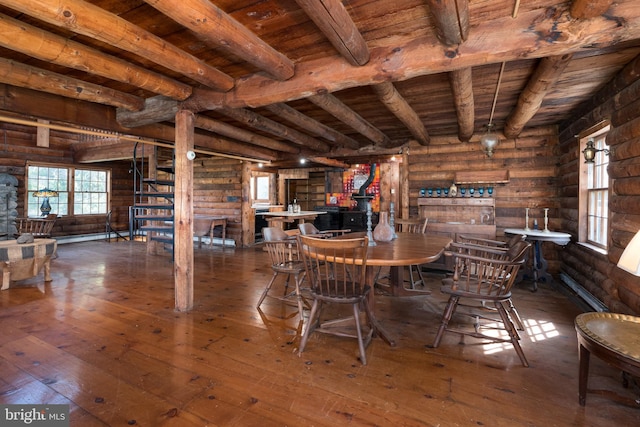 64 Harlingen Rd, Belle Mead, NJ 08502 - dining room with wood-type flooring, rustic walls, and wooden ceiling