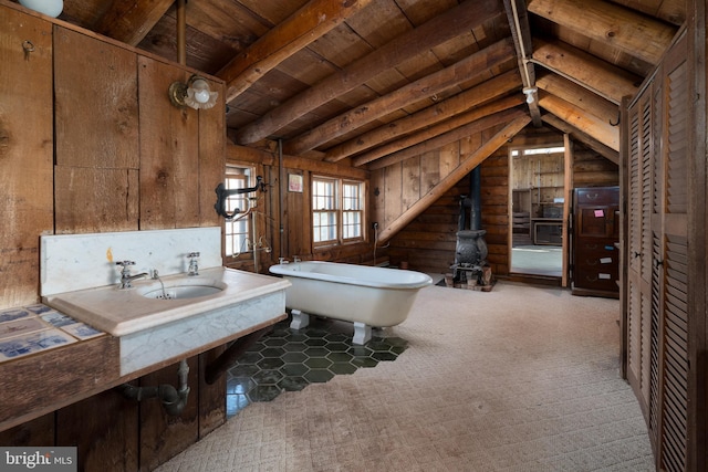 64 Harlingen Rd, Belle Mead, NJ 08502 - full bathroom featuring a sink, wood walls, wooden ceiling, vaulted ceiling with beams, and a soaking tub
