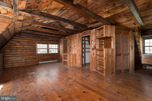 64 Harlingen Rd, Belle Mead, NJ 08502 - interior space with wood-type flooring, wood ceiling, vaulted ceiling with beams, and a baseboard radiator