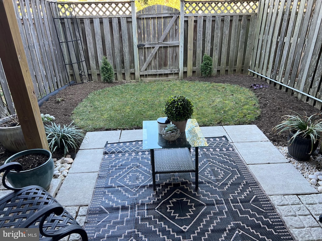 view of patio / terrace with a fenced backyard and a gate