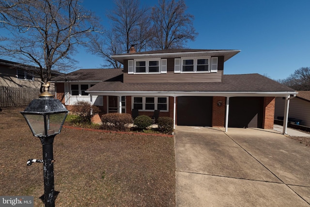 view of front of home with fence, concrete driveway, a shingled roof, brick siding, and a chimney