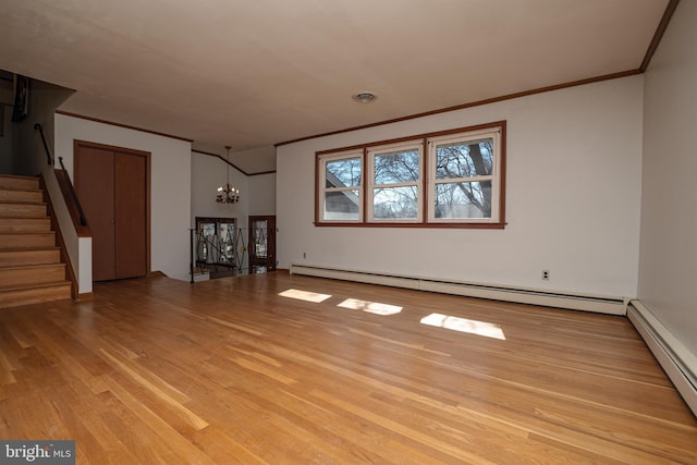 unfurnished living room featuring light wood-type flooring, a baseboard radiator, a chandelier, and stairway