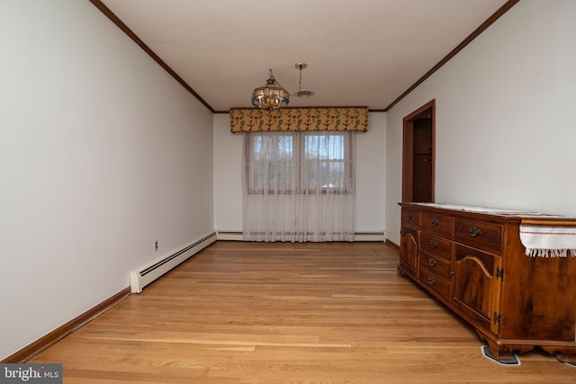 dining room featuring light wood-style flooring, baseboards, ornamental molding, and a baseboard radiator