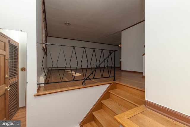 stairway with wood finished floors