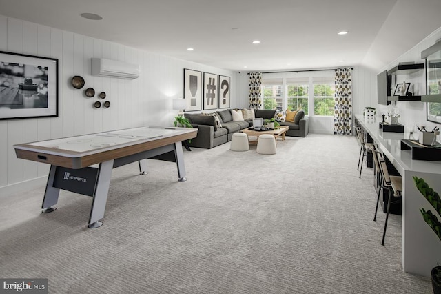 playroom featuring recessed lighting, carpet, and a wall unit AC