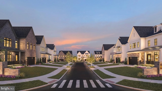 view of road featuring curbs, sidewalks, and a residential view