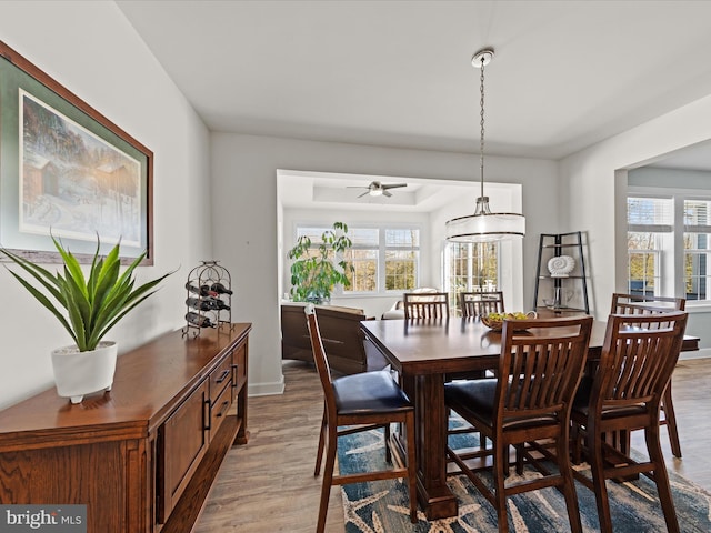 dining room featuring light wood finished floors and baseboards