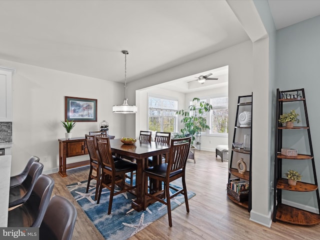 dining room featuring light wood finished floors, a ceiling fan, and baseboards