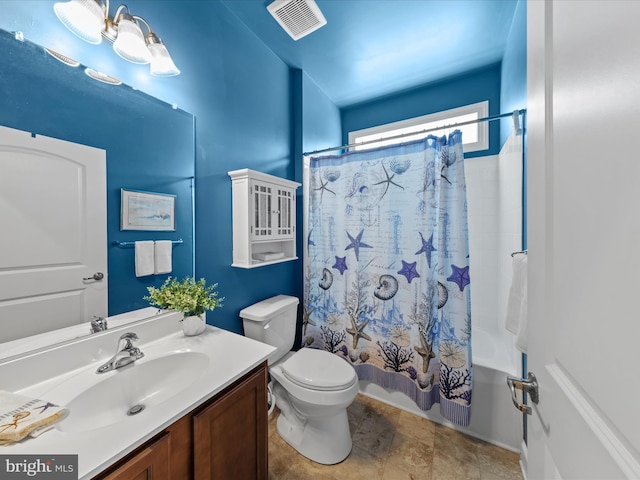 bathroom featuring vanity, toilet, shower / bathtub combination with curtain, and visible vents