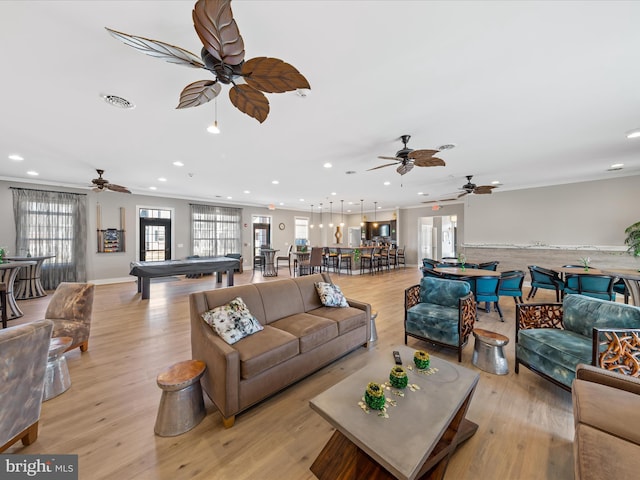 living area featuring pool table, light wood-style flooring, recessed lighting, and ornamental molding