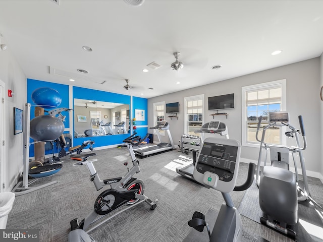 workout area featuring visible vents, baseboards, ceiling fan, carpet floors, and recessed lighting