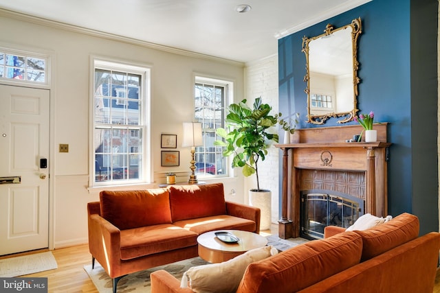 living room with a glass covered fireplace, wood finished floors, and ornamental molding