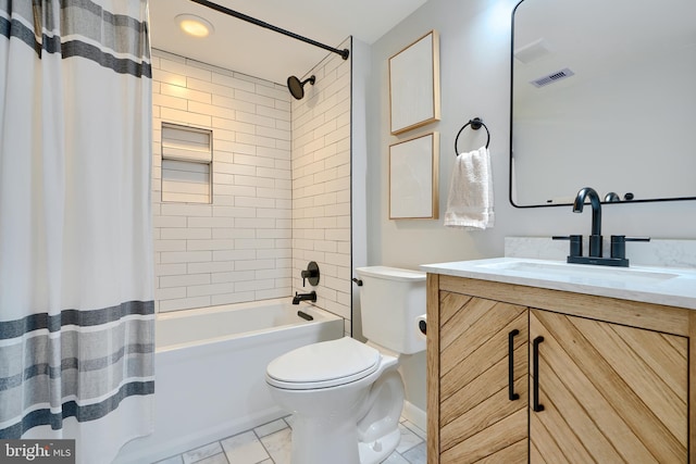 bathroom featuring visible vents, toilet, shower / bath combo, tile patterned flooring, and vanity