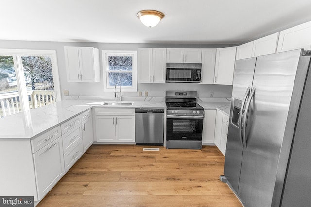 kitchen featuring light wood finished floors, appliances with stainless steel finishes, a peninsula, white cabinets, and a sink