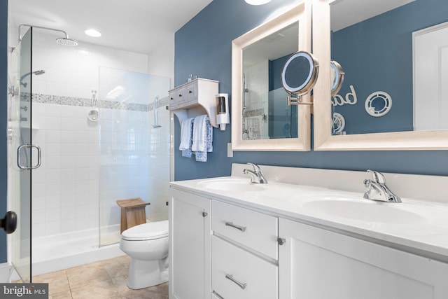 bathroom featuring tile patterned flooring, a shower stall, toilet, and a sink