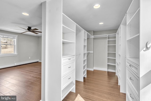 spacious closet featuring a ceiling fan, wood finished floors, and baseboard heating