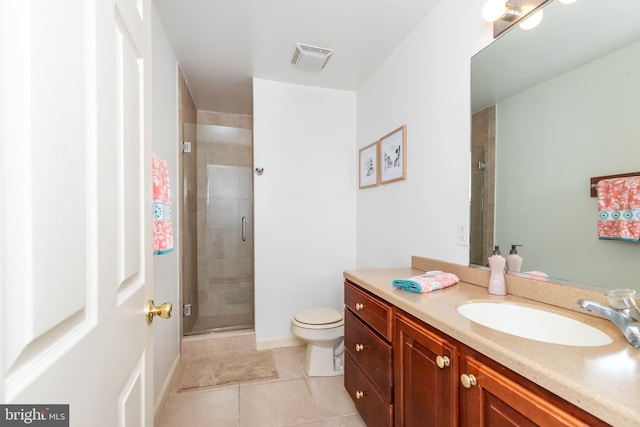 bathroom with vanity, visible vents, a shower stall, tile patterned floors, and toilet