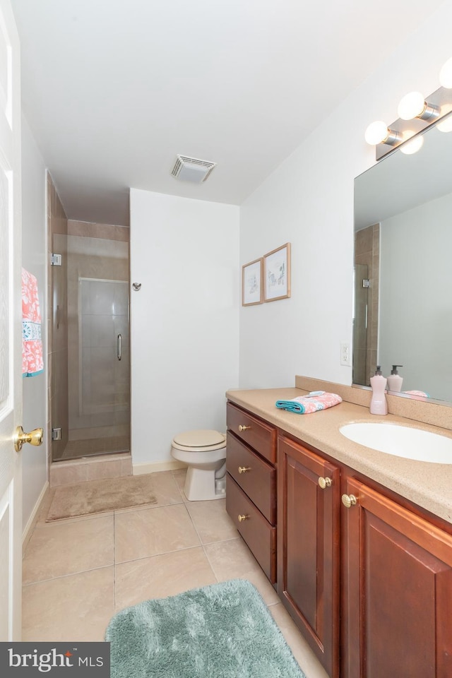 full bathroom with visible vents, a shower stall, toilet, tile patterned floors, and vanity